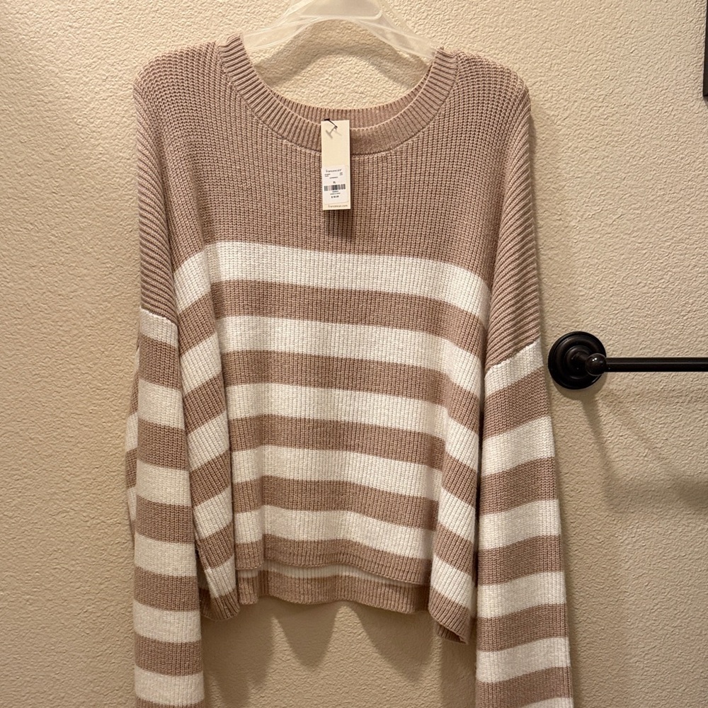 Francesca's Collections Beige and White Striped Crew Neck Sweater